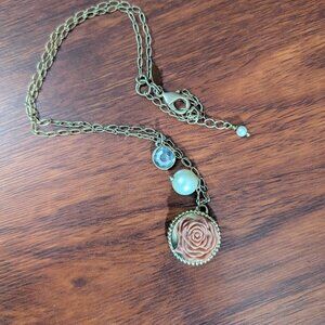 Lia Sophia  Necklace "GILDED ROSE" Pendant Gold Tone Retired Vintage Pearl